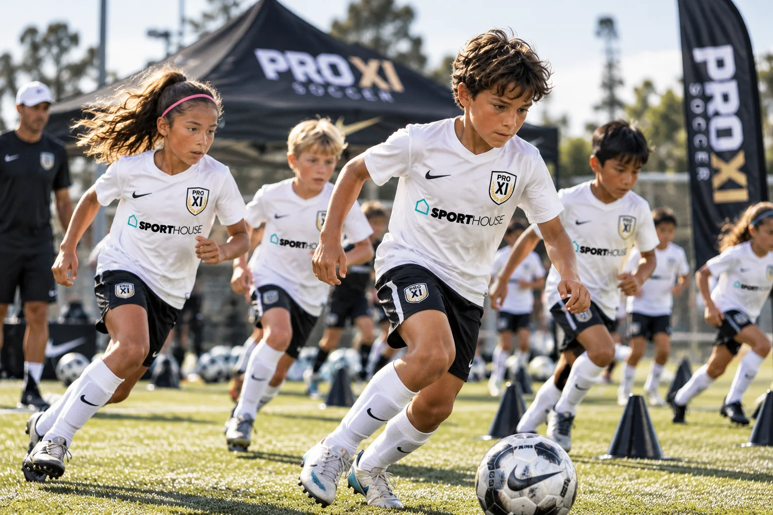 Young players in white Pro XI kits dribble soccer balls between cones on a grass field
